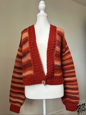 HANDMADE Orange Cottagecore Open Front Single Button Knit Cardigan Size Medium